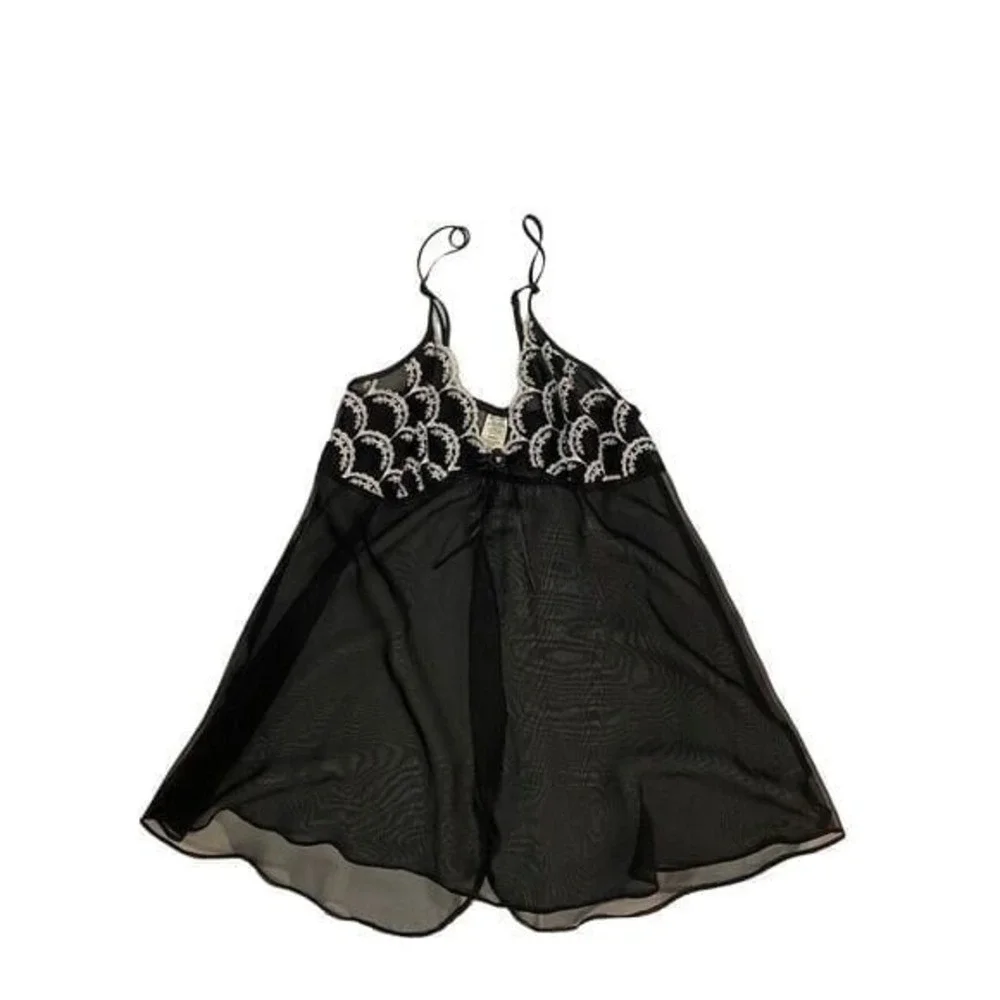 Black‎ Sheer Embroidered Bodice Open Front Teddy Slip Mini Dress Size Small